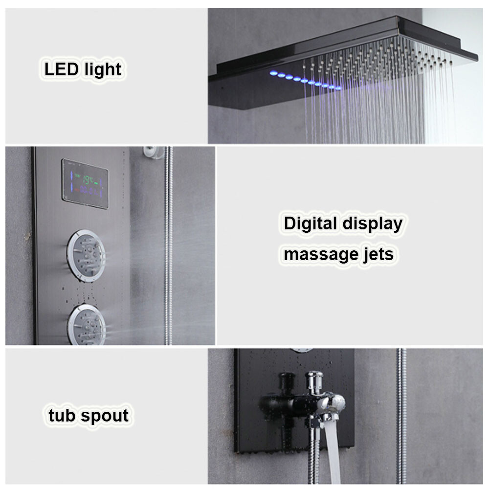 Massage LED Shower Panel System Black Digital Display 4-Way Mixing Valve Tap Set