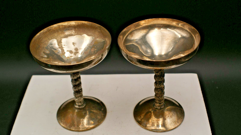 Vtg PAIR Valero EPB Silver Spain Gothic WEDDING GOBLETS Champagne Stem Cups