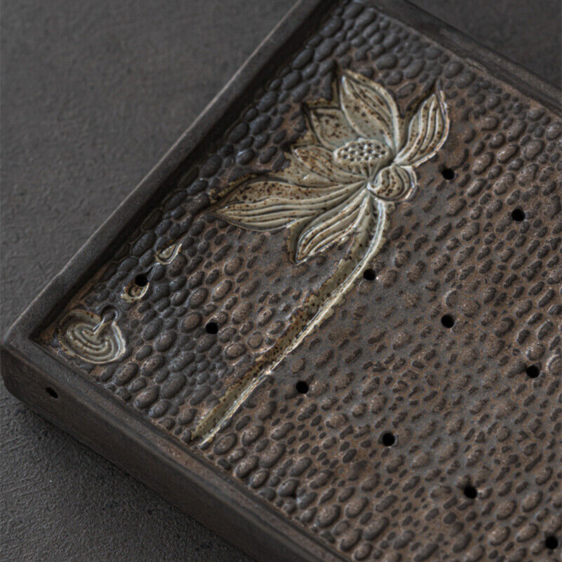 Lotus Engraved Rectangle Tea Tray Water Draining Reservoir Serving Tray Ceramic