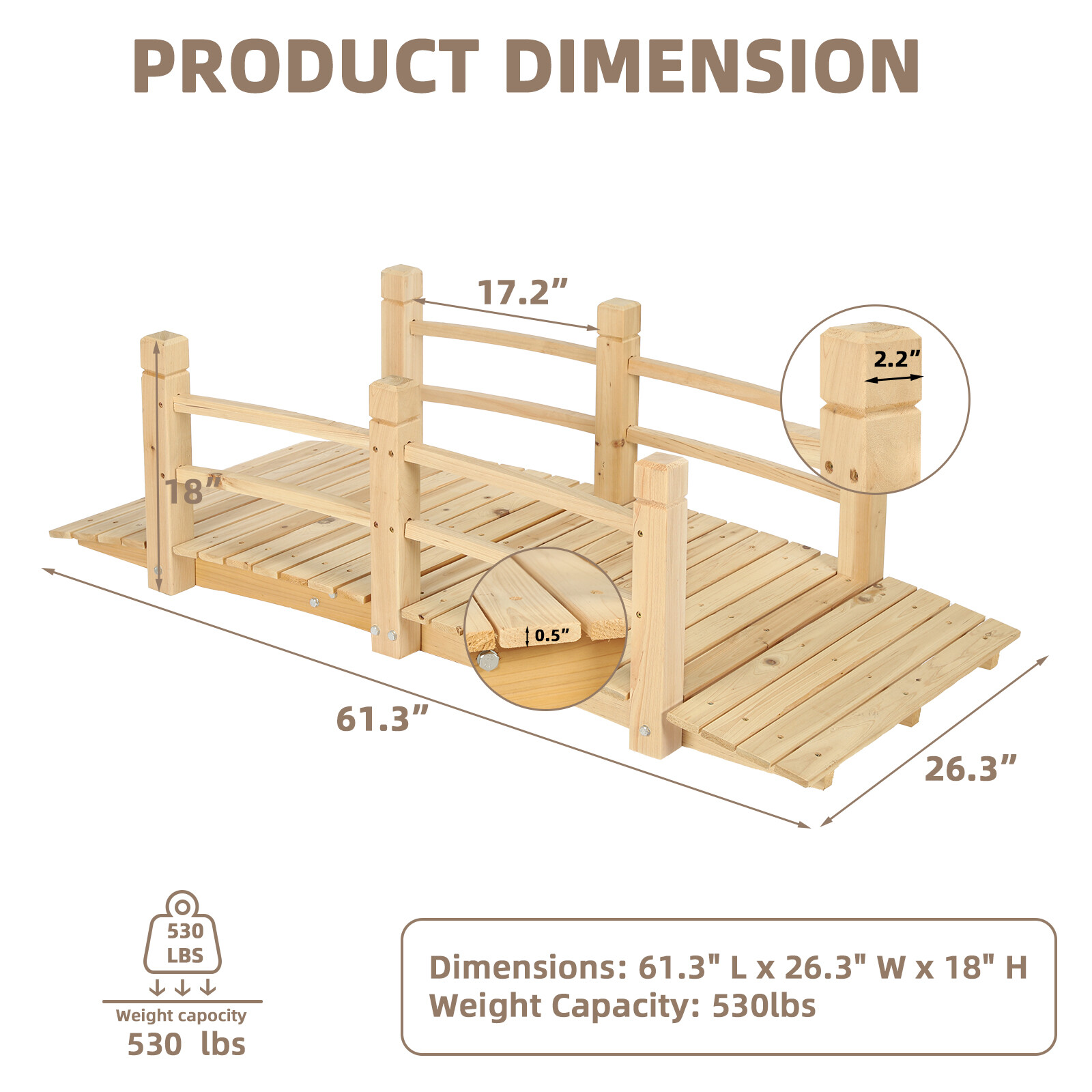 5Ft Garden Bridge Yard Decoration Wooden Arch Bridge Outdoor Pond w/ Railings