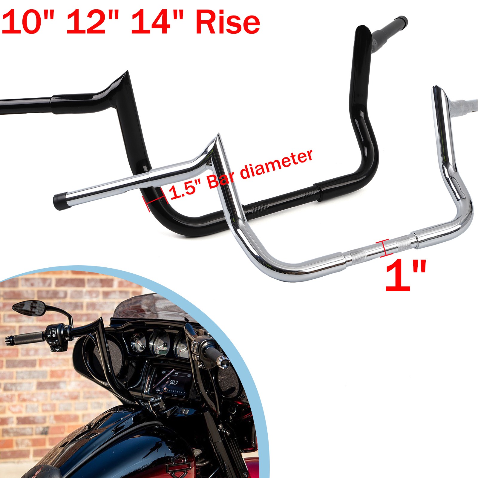 Black Chrome 10" 12" 14" For Harley Street Electra Glide Meathook Bars Handlebar