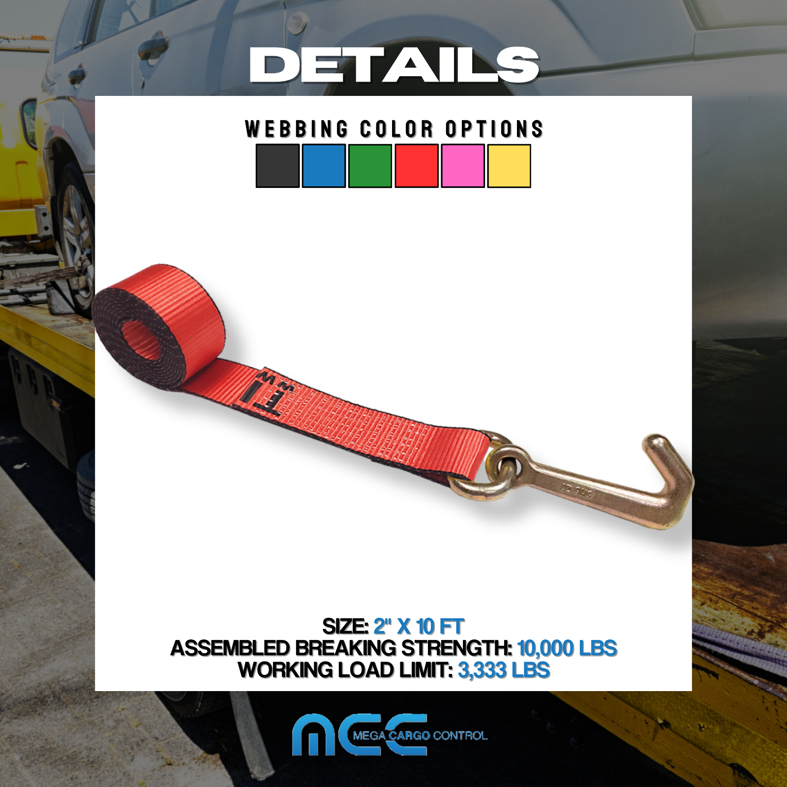 Heavy Duty G70 2" x 10' Mini J Hook Towing Trailer Wrecker Lasso Tie Down Strap