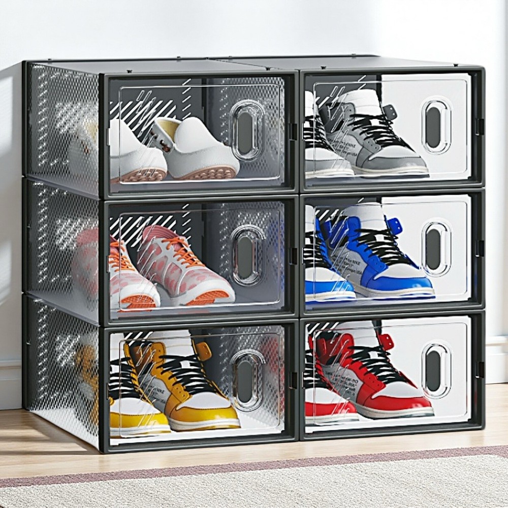 6-Pack Shoe Storage Boxes - Stackable, Plastic Mesh, Door, Black & Small Size