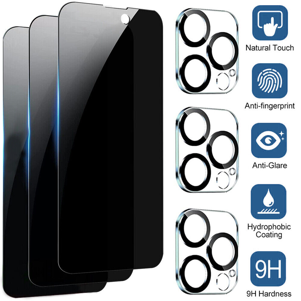 For iPhone 15 14 13 12 11 Pro Max Tempered Glass Privacy Screen Camera Protector