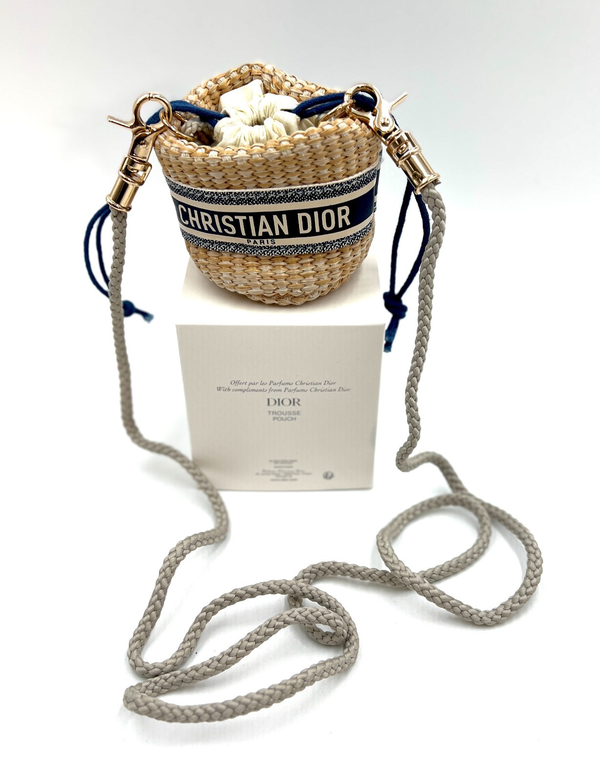 Christian Dior Straw Mini Pouch Cosmetic Bag with a Drawstring Closure~Mini Size