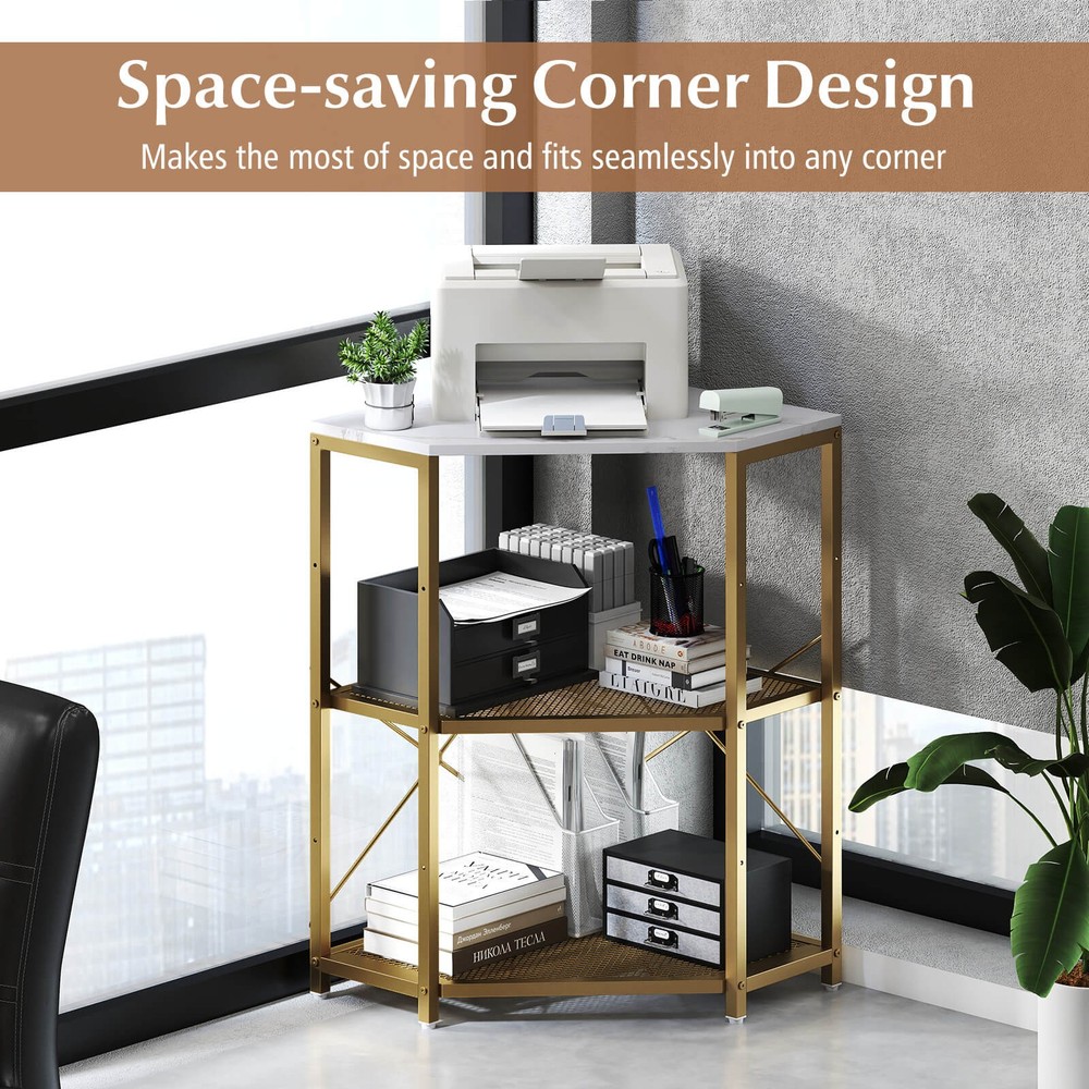 Corner Printer Stand w/ Charging Station Adjustable Metal Mesh Shelf