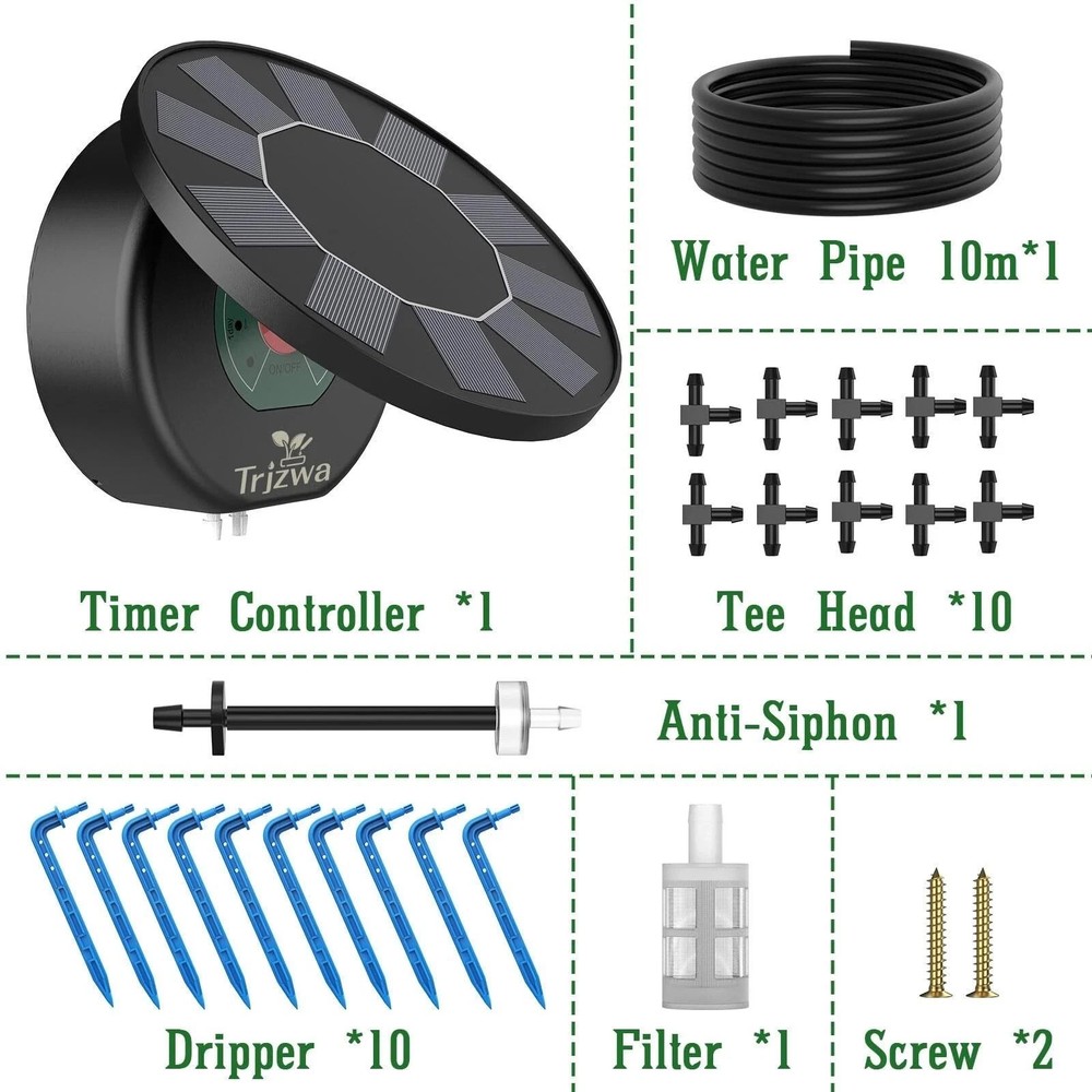 50FT Automatic Solar Drip Irrigation System Kit Plant Watering Timer Set Decor