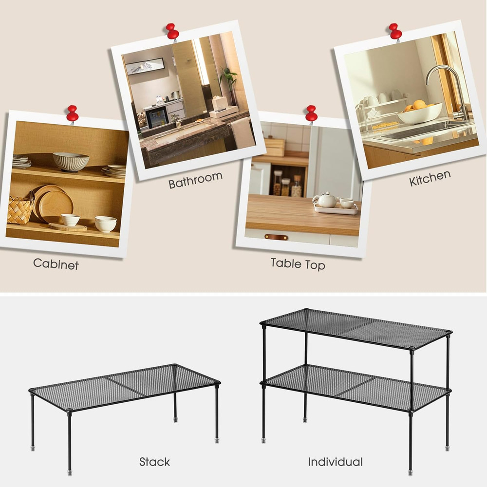 2-Pack Kitchen Cupboard Shelf Organizer for Cabinet, Expandable & Stackable Coun