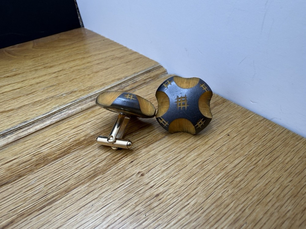 Carved Bamboo Brown Yellow Cufflinks