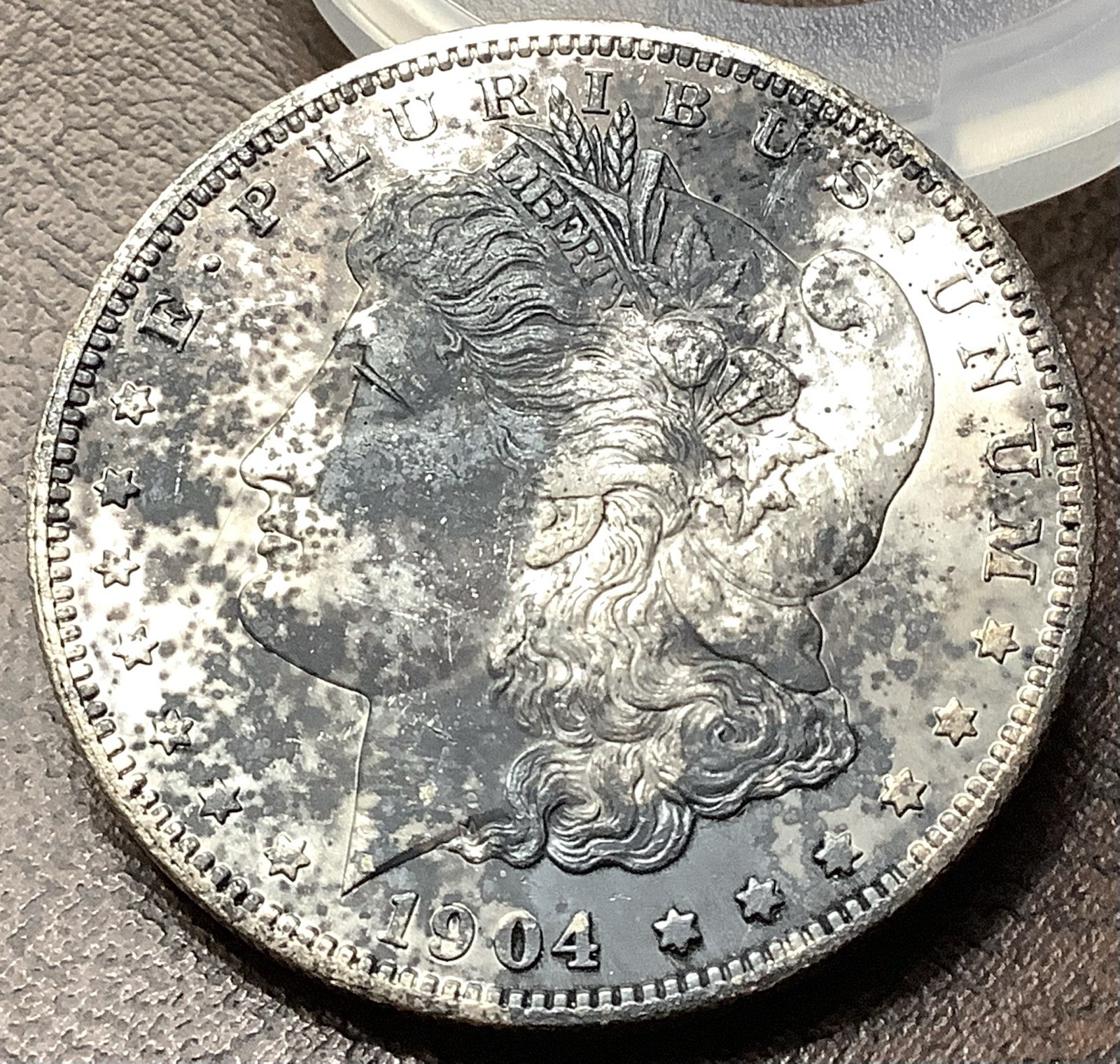 1904-O Morgan Silver Dollar Uncirculated Detail Environmental Damage Ugly Toning