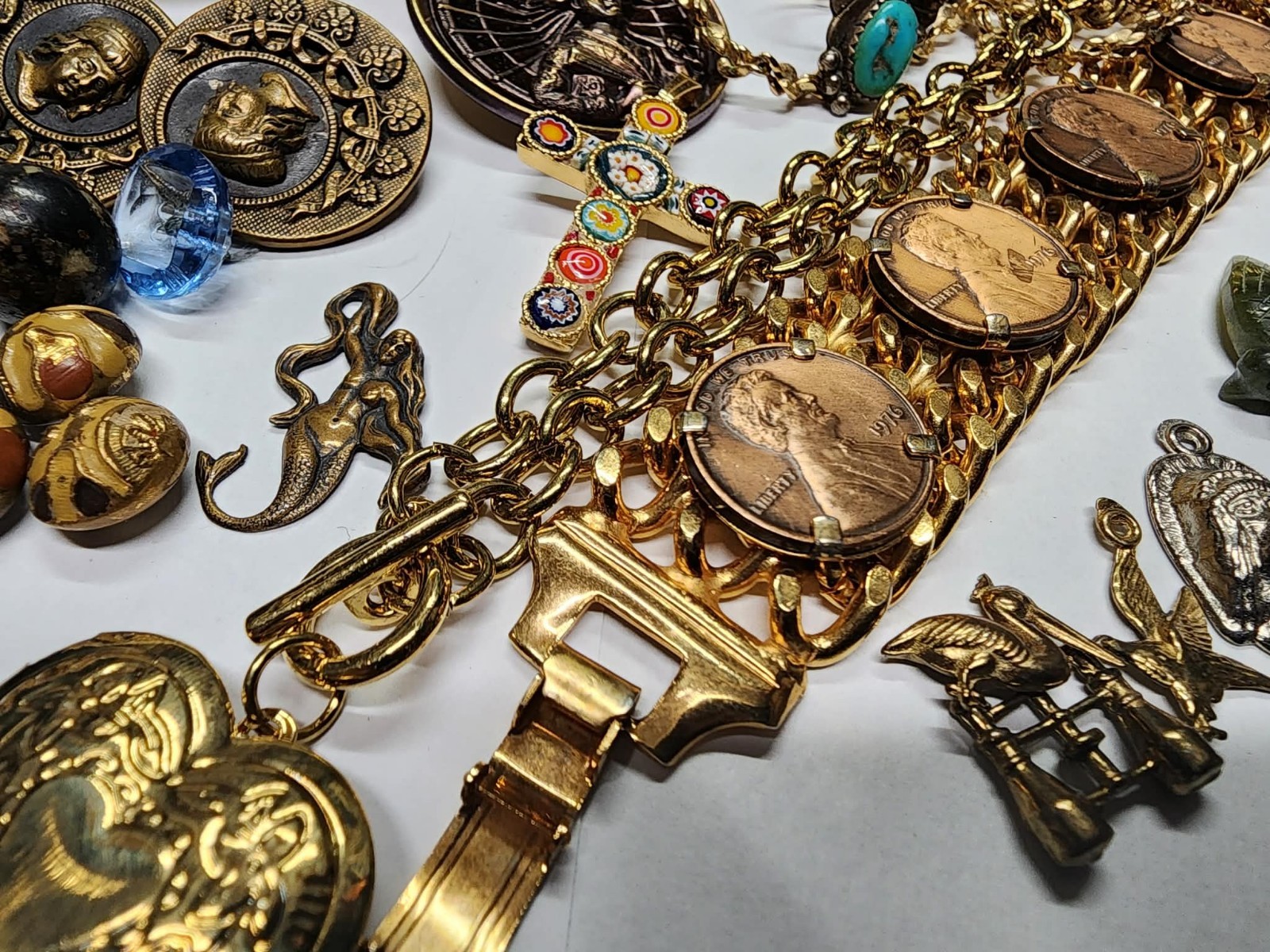 Junk Draw Lot , Antique Buttons , Marbles , Jewelry , Zuni