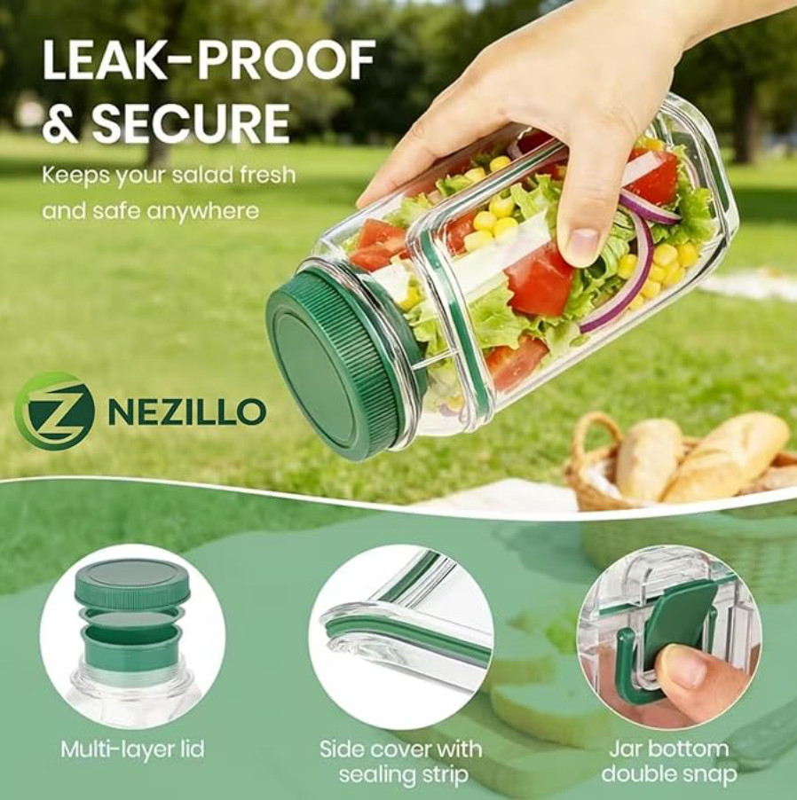 2 Pack Salad Jar Container Side Opening Leakproof Lunch Meal Prep Dressing Cup