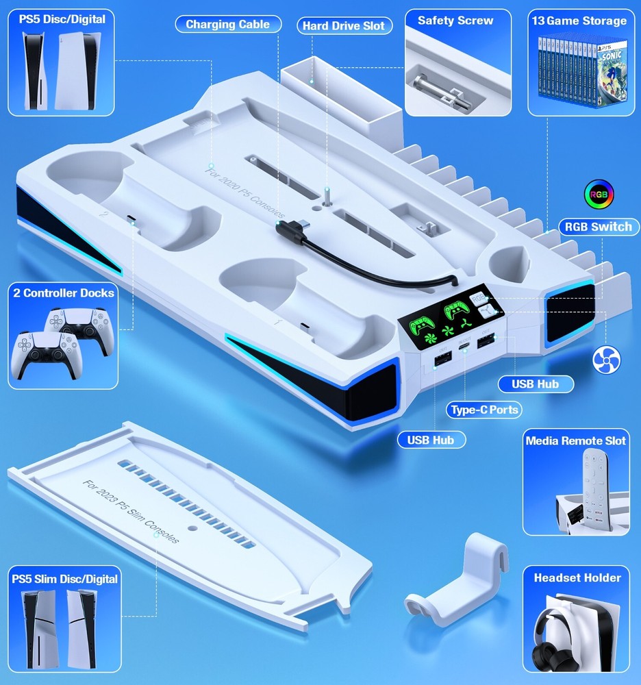 PS5 Stand Cooling Station for PS5/PS5 Slim Console With PS5 Controller Charger