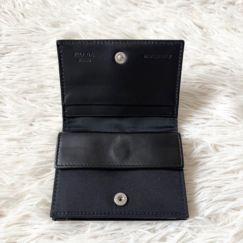 PRADA Triangle Logo Plate Compact Bi-Fold Wallet Black