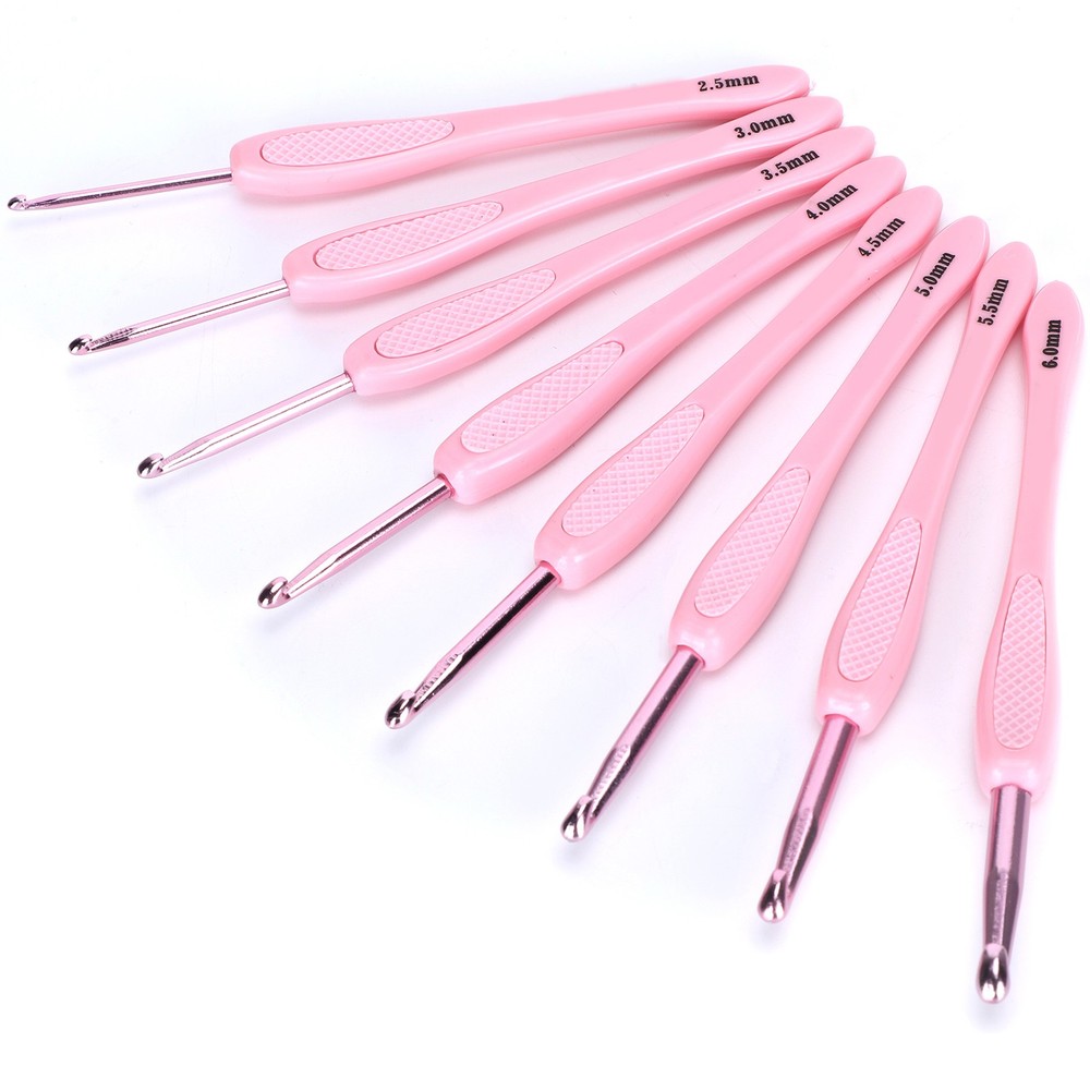 Pink 8Pcs Crochet Hook Thread Knitting Tools ABS Plastic Handle Ergonomic