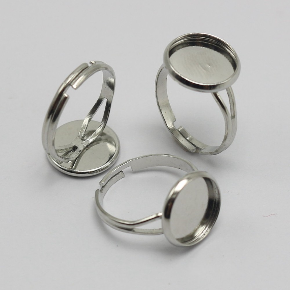20 Silver Tone Adjustable Ring Round Blank Cabochon Pad Bezel Setting Cup 12mm