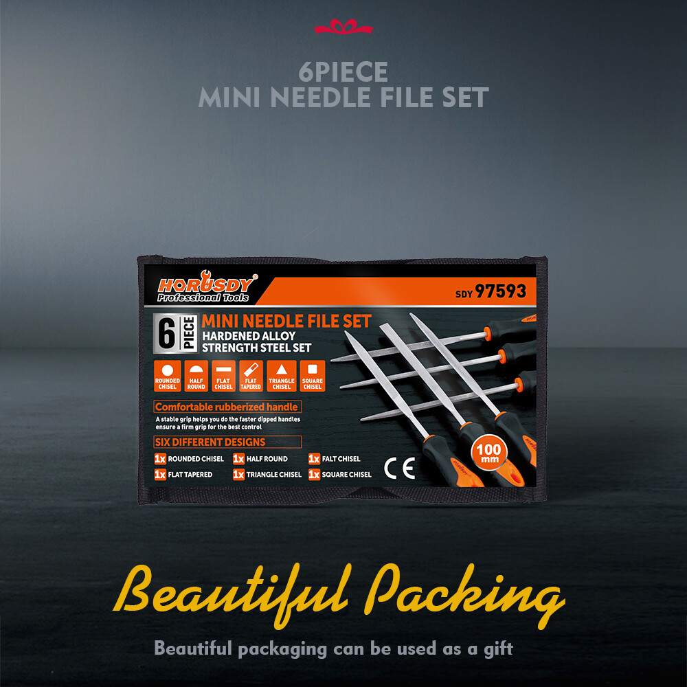 6PC Needle File Set 6" Flat Square Triangular Round Half-Round Strength W/ Pouch