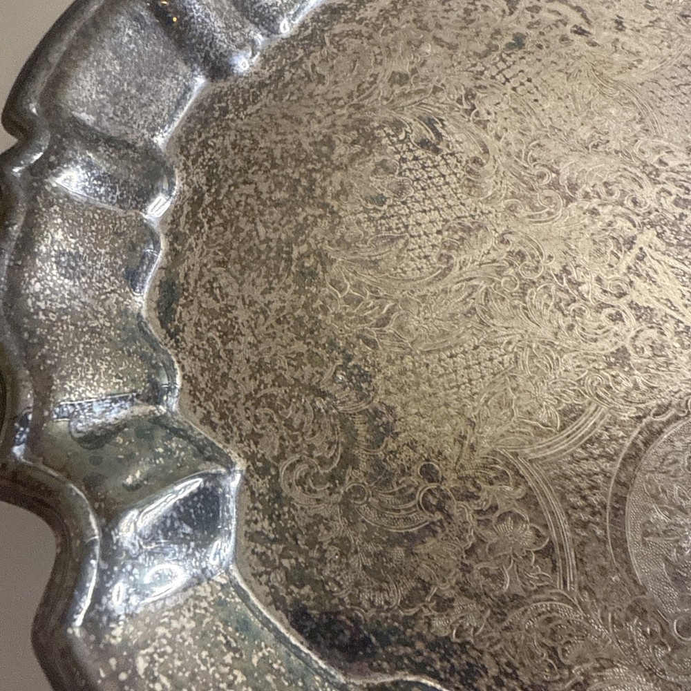 Vtg Silver Platter Tray Etched Scrollwork Footed Serving Leonard Silver