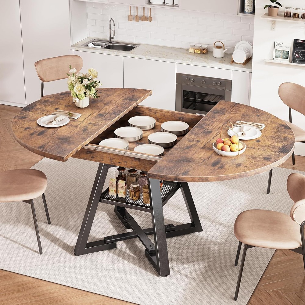 Round Dining Table Kitchen Dining Room Dinner Table 4-6 Space Saving Extendable