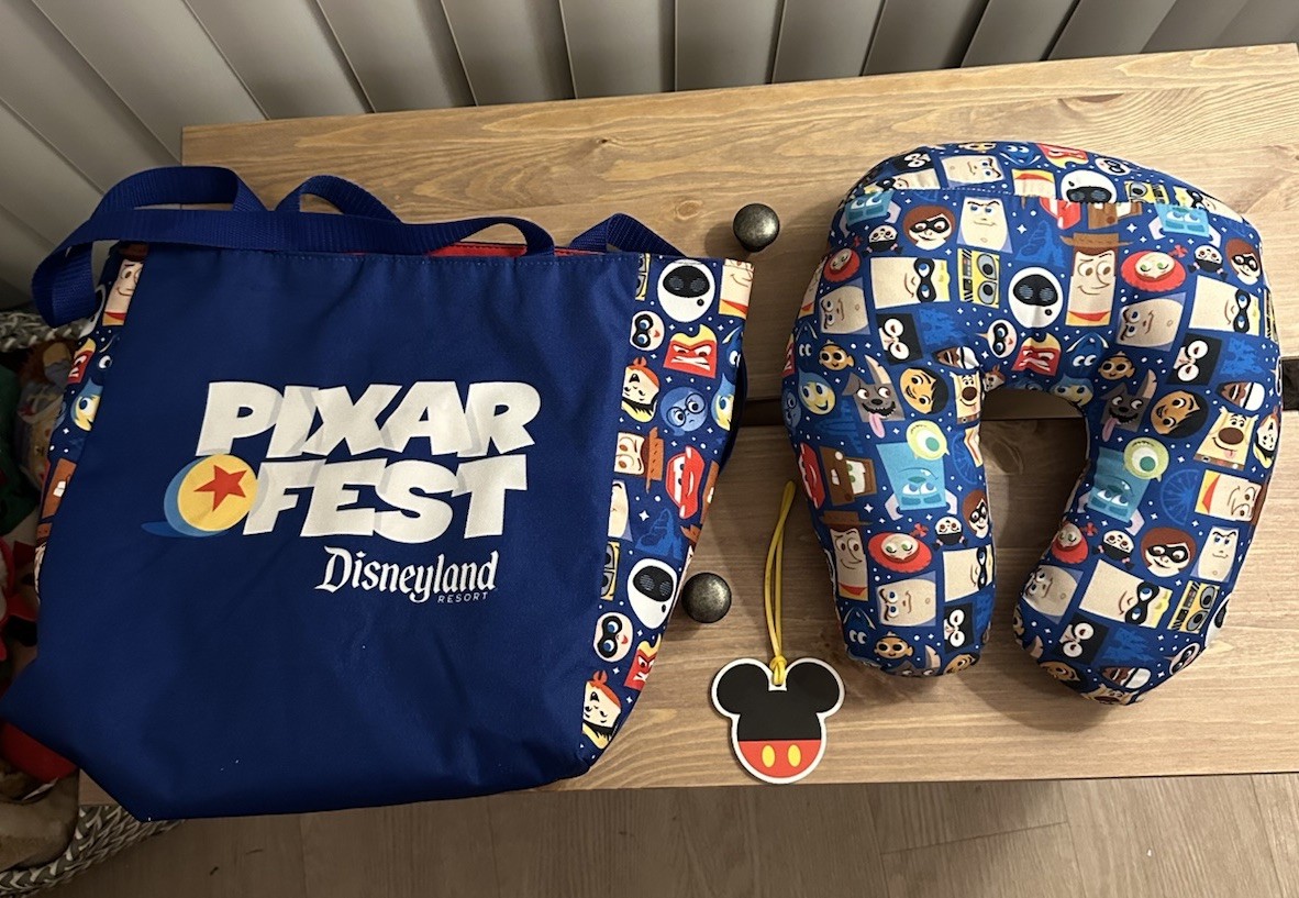 Disneyland Pixar Fest Tote Bag & Character Neck Pillow Set w/ Mickey Luggage Tag