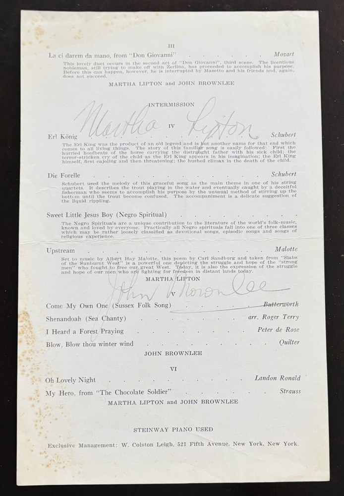 Martha Lipton 1940’s Metro Opera Signed Program Eaton Auditorium Original