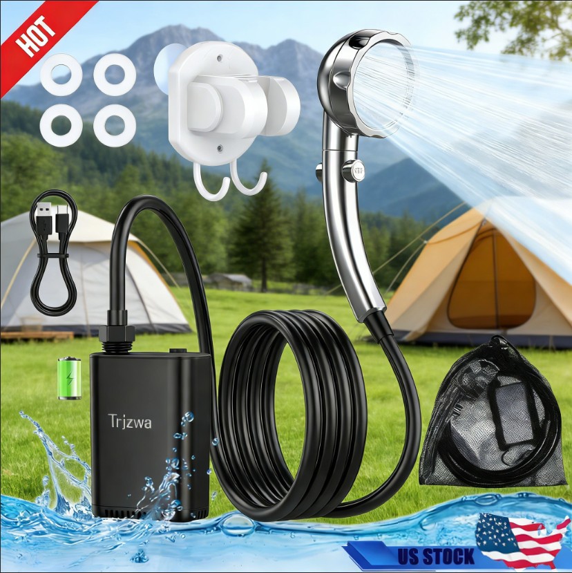 Portable Camping Shower Pump , Rechargeable with Adjustable Shower Head Outdoor