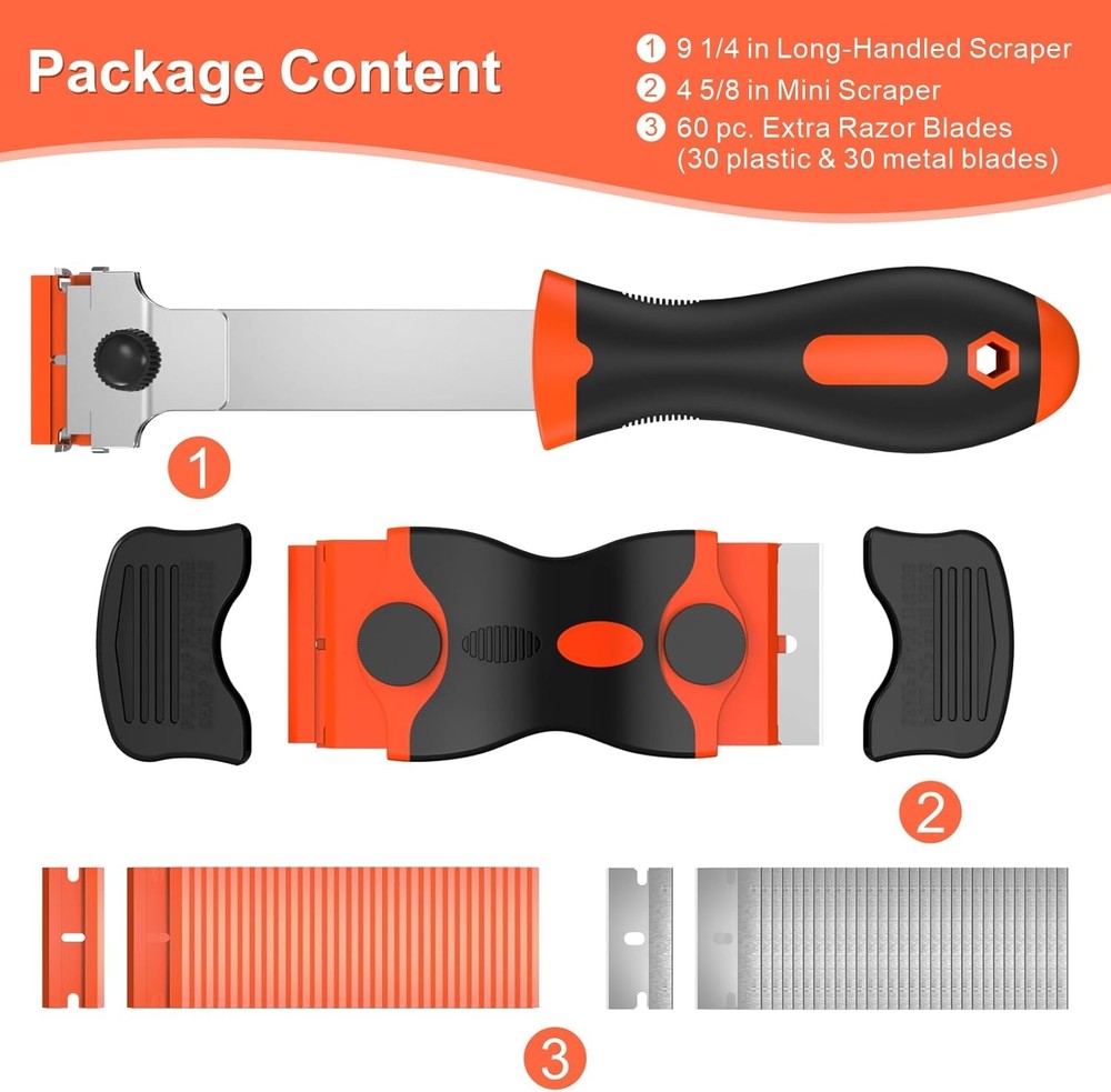 3 Pack Razor Blade Scraper Set, Includes 30 Plastic & 30 Metal Blades, Multi-Pur