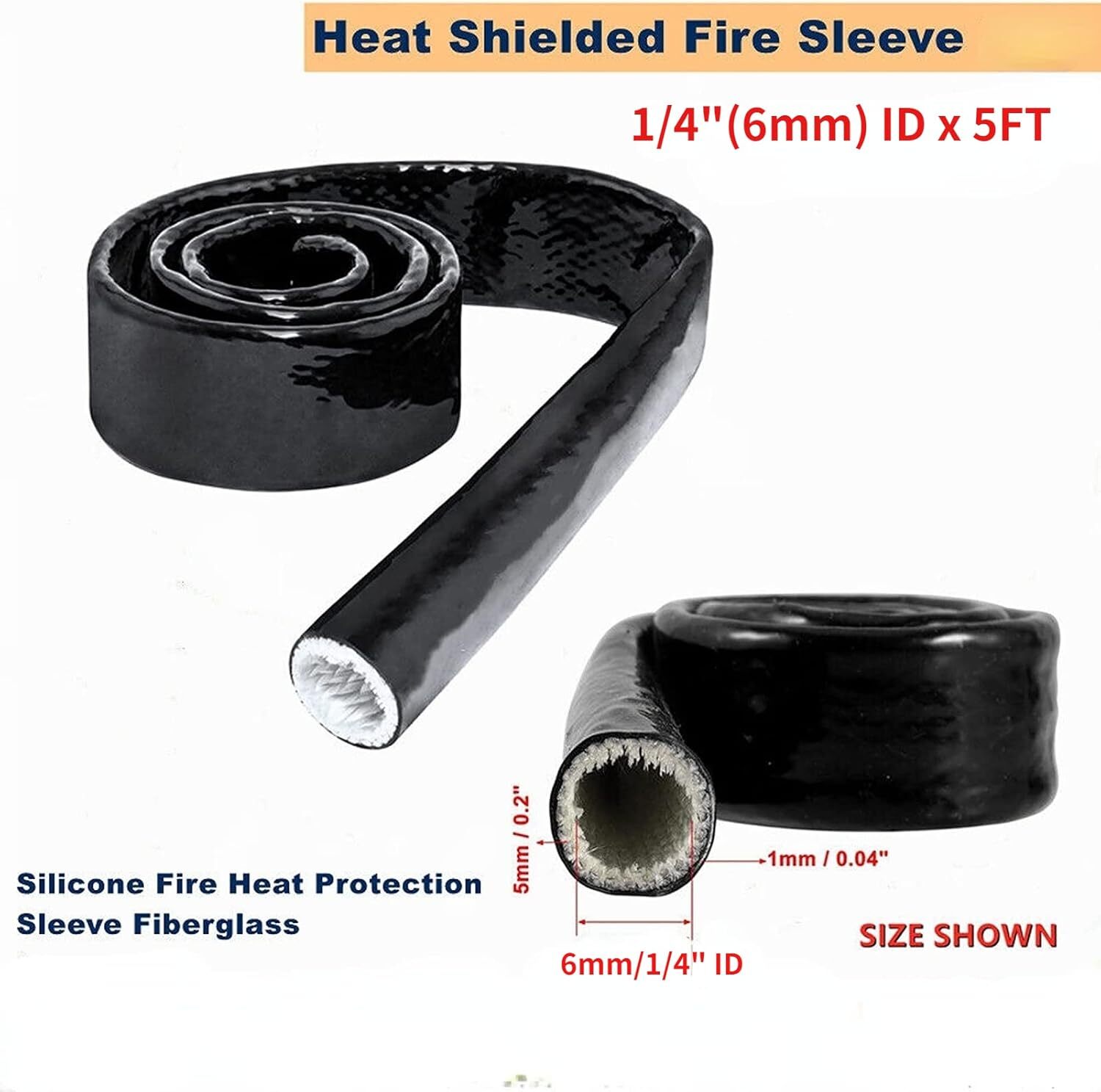 1/4" ID Heat Hose Fiberglass Wrap Shield Fire Sleeve for Hose Line & Wiring 5Ft