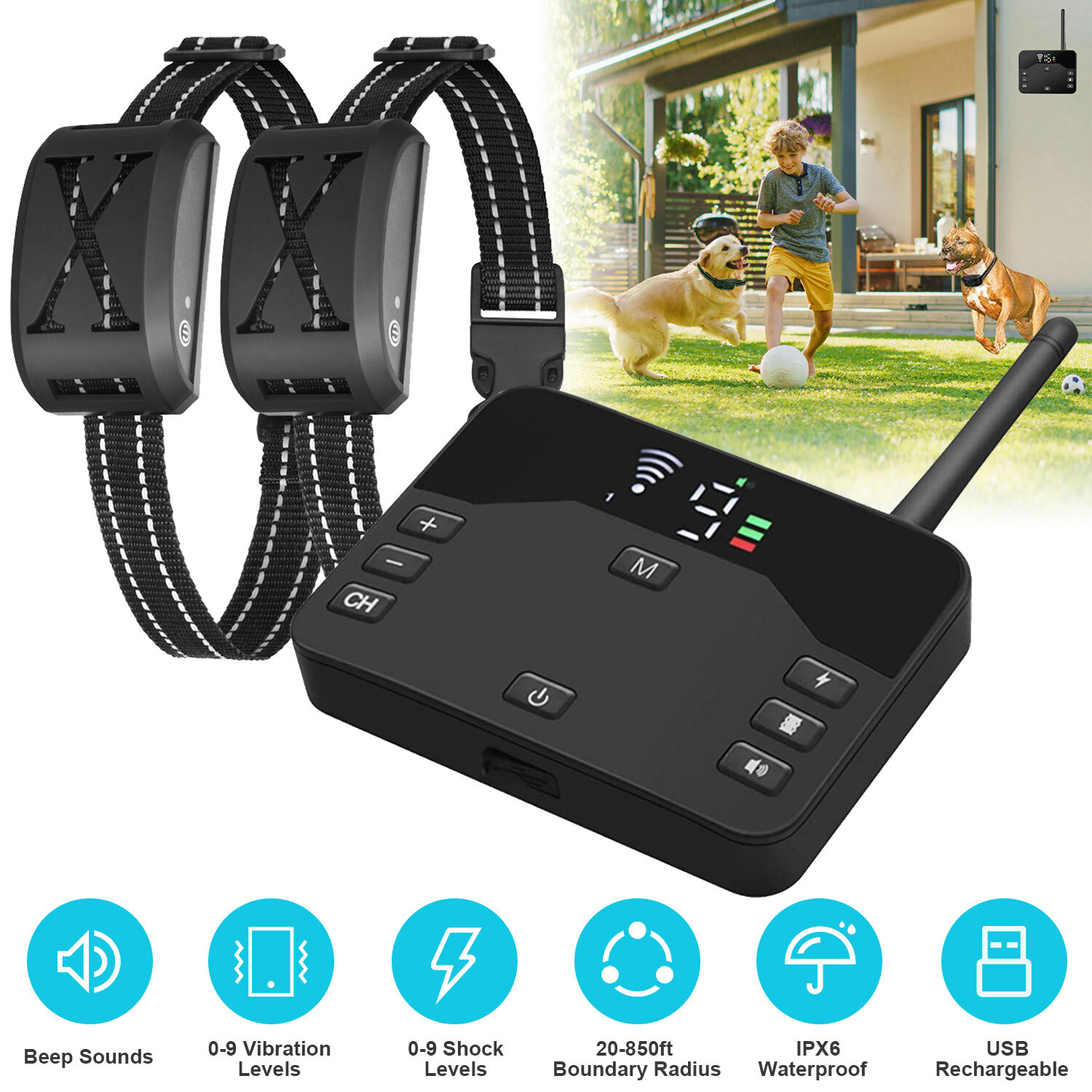 Electric Fence for Dogs 2 in 1 Wireless Dog Fence Collar Pet Containment System