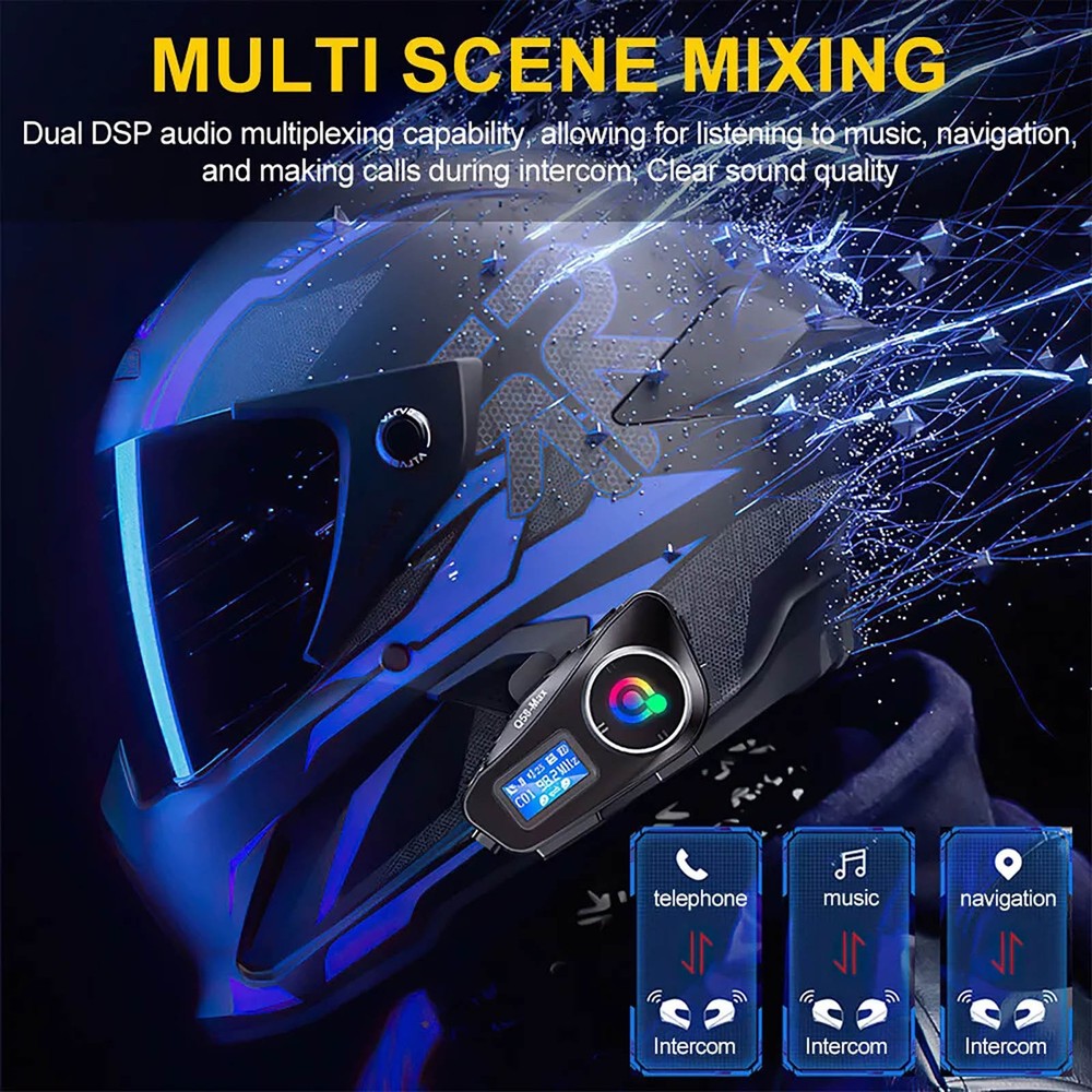 Motorcycle Intercom Music Bluetooth Helmet Headset LCD Display Waterproof