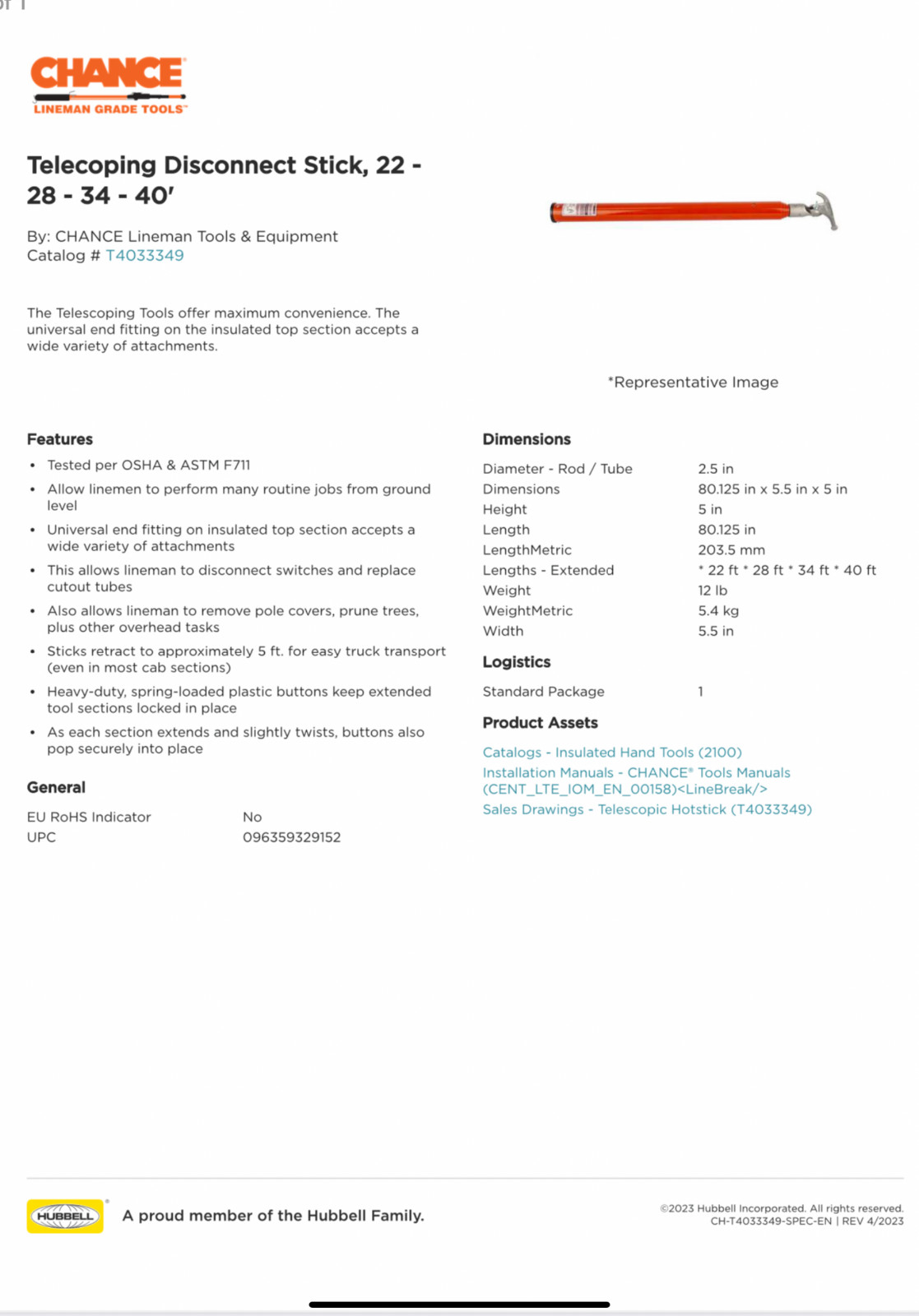 Hubbell Chance T4033349 40’ Telescoping Extendo Stick NEW IN BOX!