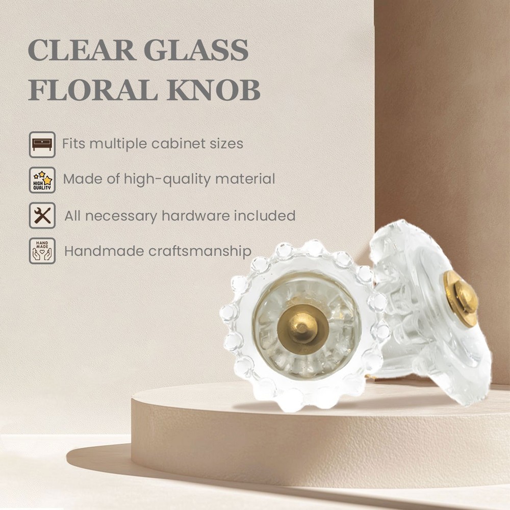 Delicate Scalloped Clear Glass Flower Knobs (6 Pack) - Vintage Cabinet Pulls