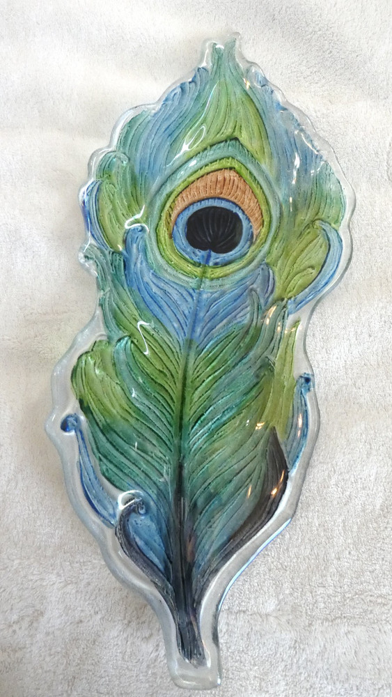 Iridescent Fused Glass Peacock Feather Rectangular Dish
