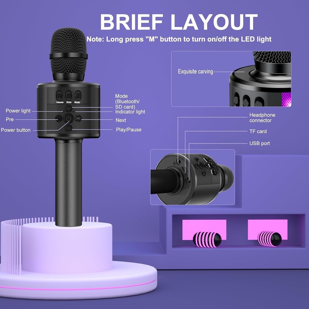 Portable Bluetooth Karaoke Microphone with Disco Lights