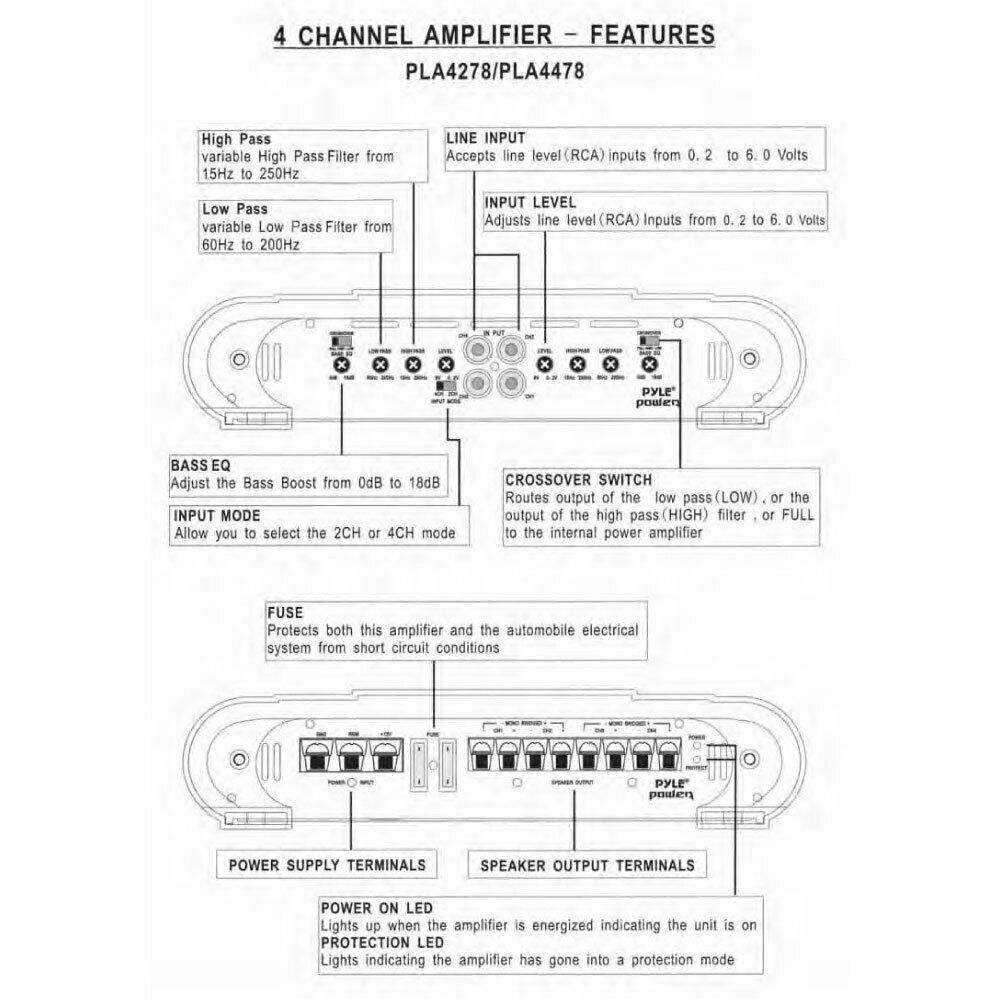 Pyle PLA4278 4 ch 2000 Watts Bridgeable Mosfet Amplifier