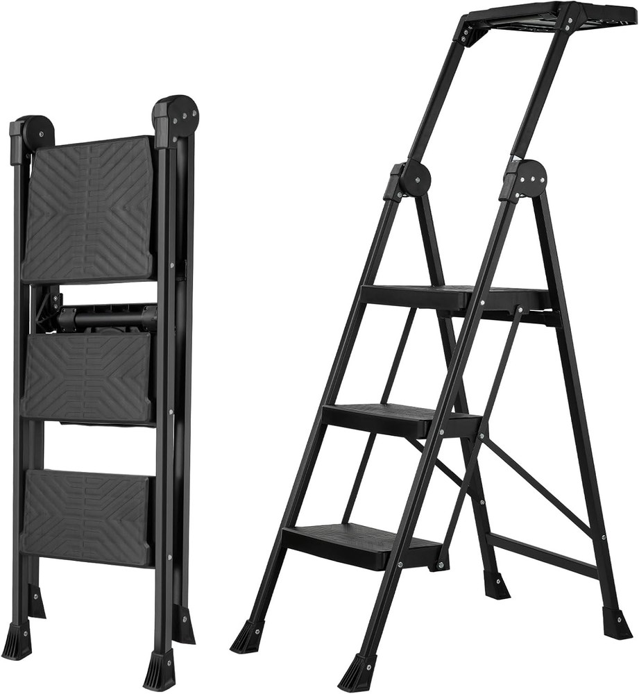 3 Step Ladder, Foldable Handrail & Tool Tray Stool Ladders with