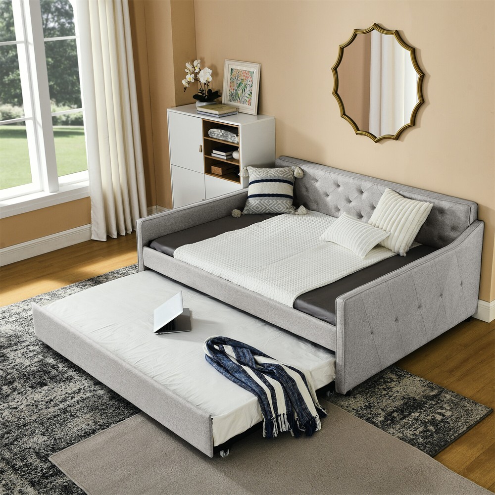 Full Size Daybed w/ Pull Out Trundle Bed Linen Upholstered Bed Frame Sofa Bed