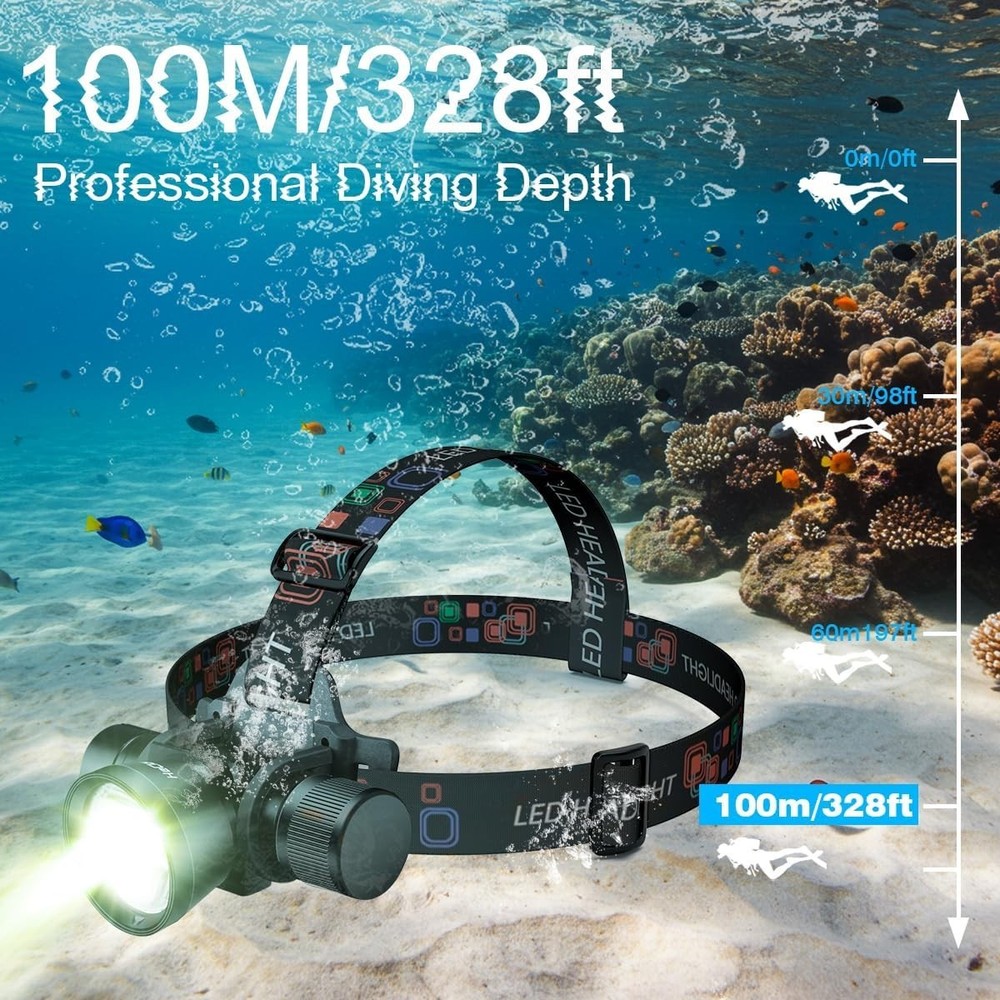 3000 Lumens Super Bright Diving Headlamp Waterproof Dive Flashlight Rech...
