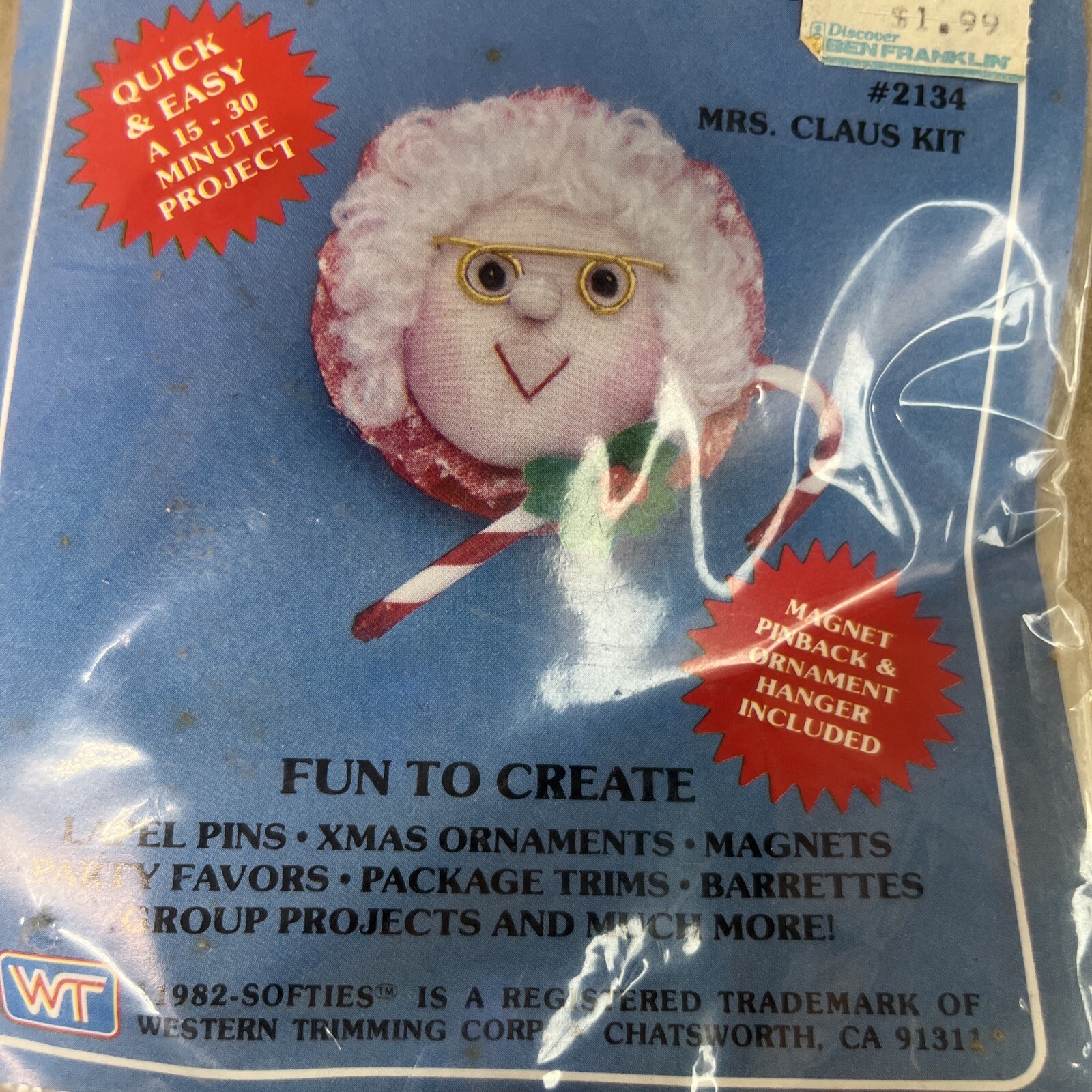 Vintage Softies "Mrs. Claus" #2134 Craft Kit: Magnet, Christmas Ornament or Pin
