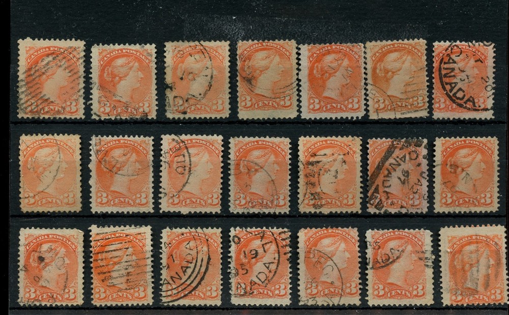 SMALL QUEEN 3 cent Various cancels, corks, used lot CAnada
