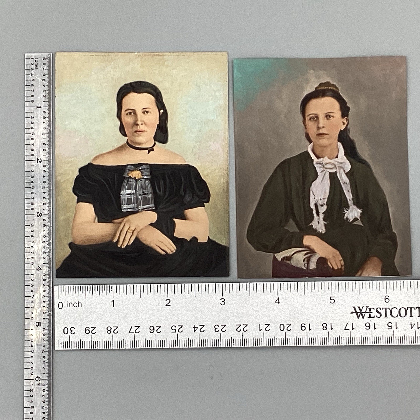 Pair Hand Painted Victorian Portrait Photos Detailed 1890’s Mother Daughter?