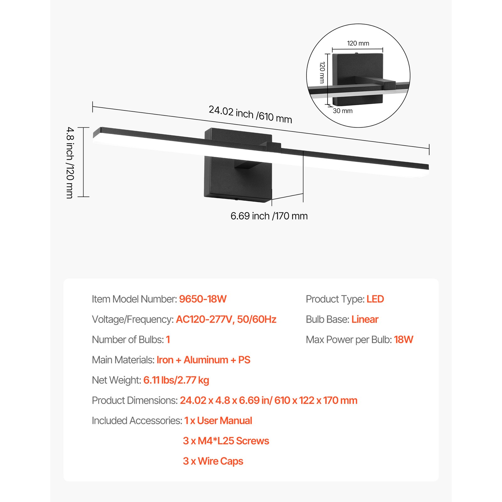 Bathroom Vanity Light Bar 24.02-Inch 18W LED Modern Light Fixture Over Mirror