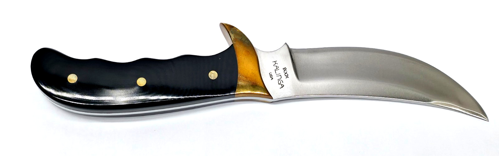 Buck Kalinga knife with black handle and brown leather sheath