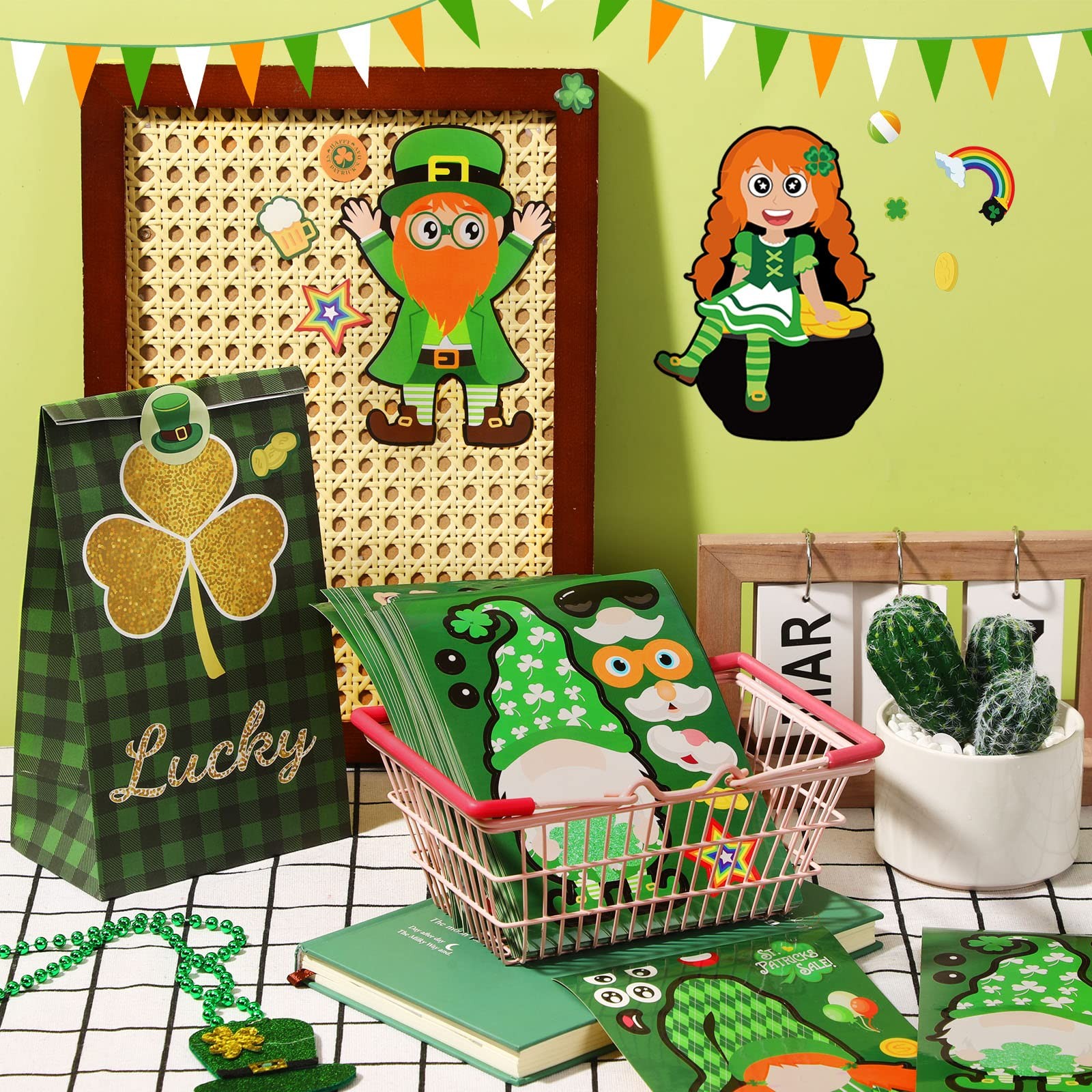 St.Patrick's Day Stickers for Kids, 48pc Shamrock & Face Stickers, DIY Crafts fo