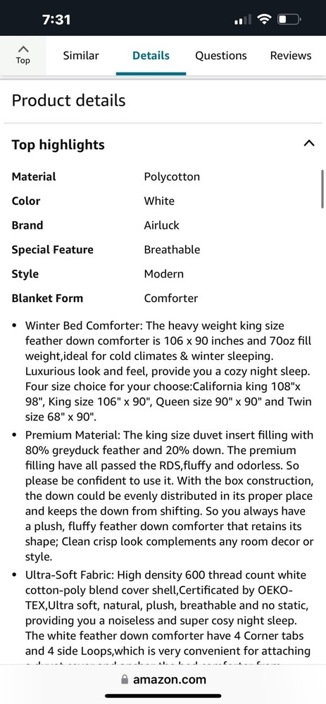 Airluck Luxury Feather Down Comforter King Size