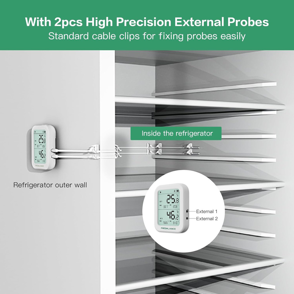 Freshliance Temperature Humidity Data Logger Recorder Bluetooth with 2Pcs Extern