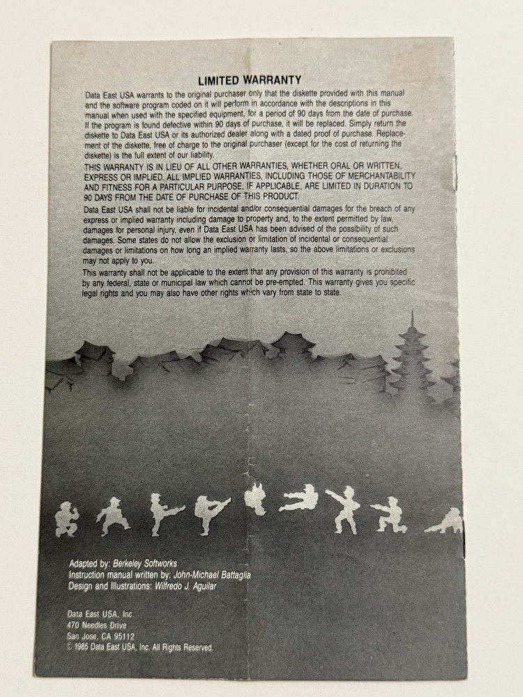 DATA EAST KARATE CHAMP Instruction Manual ONLY, 1985