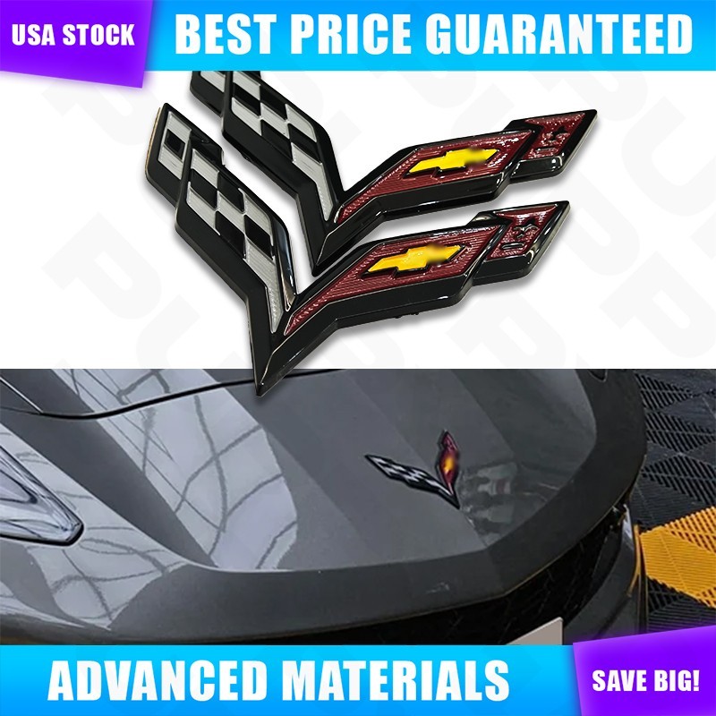 Front & Rear Emblems For Chevy Corvette C7 2014-2019 Black Nameplate Badges Set