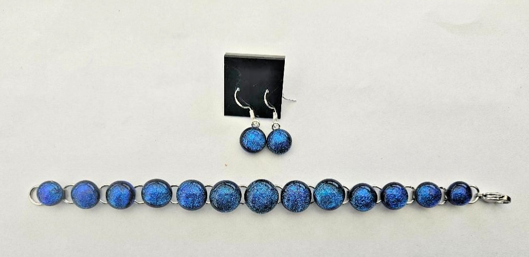 Handcrafted Teal Blue Dichroic Glass Cabochon Bracelet Set