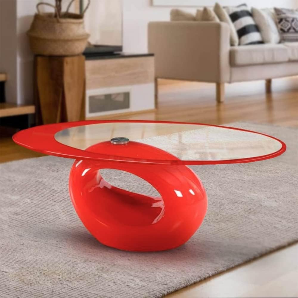 Red High Gloss Coffee Table 10mm Tempered Glass Flat, Top Oval Modern Base